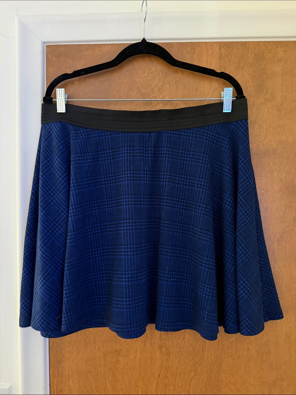 Forever 21 Navy Plaid Circle Skirt with Black Waistband